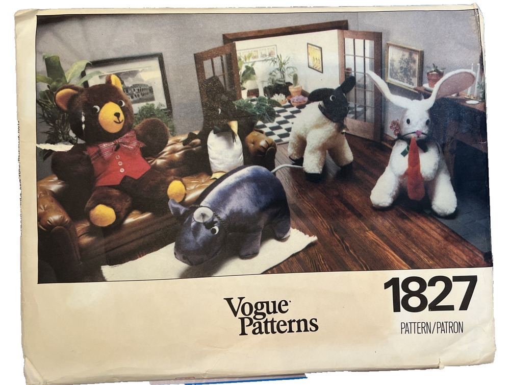 VTG Vogue #1827 Stuffed Animals Hippo Bear Bunny Penguin Lamb 9" to 12" UNCUT FF